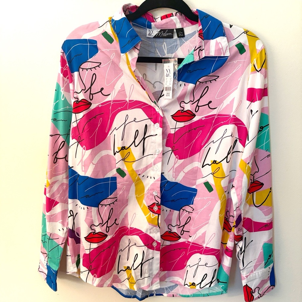 New York & Company Multicolor Abstract Button-Up Shirt